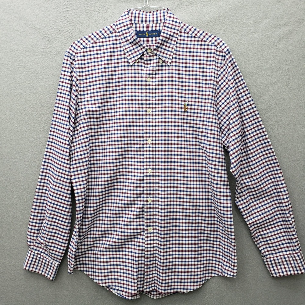 Polo Ralph Lauren Long Sleeve Dress Shirt Blue Burgundy Gingham Windowpane Plaid